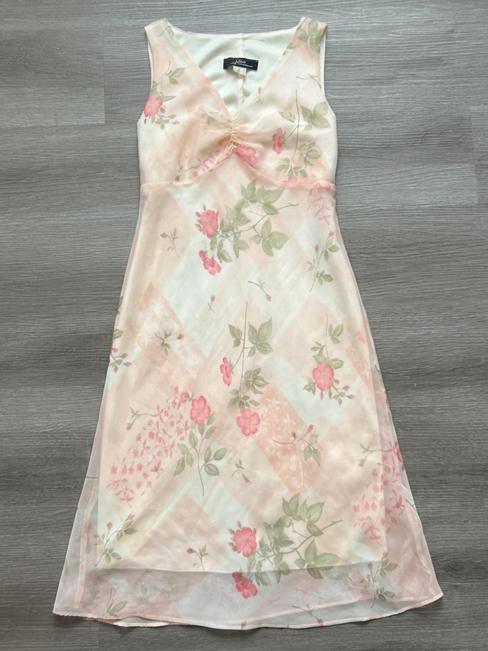 Vintage 90s B.Moss Cream chiffon peachy pink floral midi dress sheer M